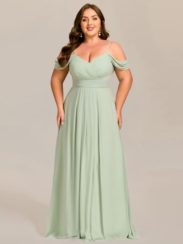 Image of Ever-Pretty Plus Women's V Neck A Line Off Shoulder Sleeveless Chiffon Pleated Floor Length Plus Size Bridesmaid Dresses