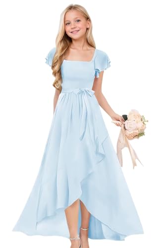 JISISANG Junior Bridesmaid Dresses for Teen Girls Short Sleeve Chiffon Flower Girl Dress for Wedding Guest Formal Girls Dress