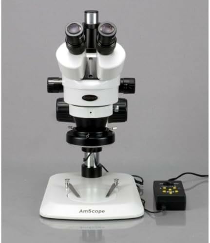 Image of AmScope SM-1TNZ-144A-10M Digital Professional Trinocular Stereo Zoom Microscope, WH10x Eyepieces, 3.5X-90X Magnification, 0.7X-4.5X Zoom Objective, Four-Zone LED Ring Light, Pillar Stand, 110V-240V, Includes 0.5X and 2.0X Barlow Lenses and 10MP Camera with Reduction Lens and Software