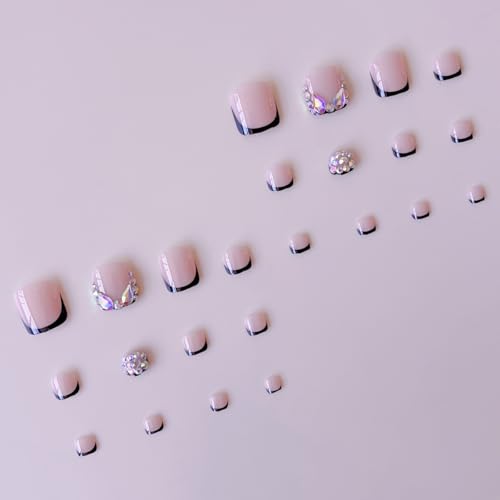 Image of Black Press on Nails French Tip Fake Nails with Rhinestone Design Glossy Full Cover Glue on Nails Short Square False Nail Artificial Acrylic Stick on Nail for Women Giels Manicure 24Pcs