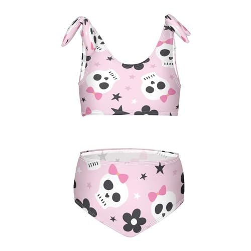Image of QUGRL Skeleton Spooky Floral Girls Swimsuit Bikini Set Halloween Pink Kids Bathing Suits for Girls 2 Piece Bowknot Swimwear Tankini Hawaiian 7-8 Years
