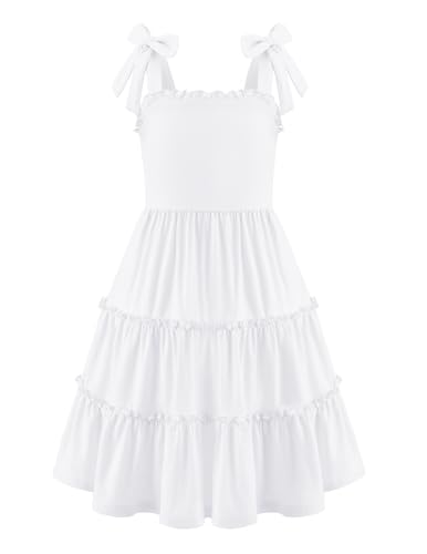 Arshiner Girls Summer Dress Tween Boho Casual Bowknot Strap Sleeveless Swing Flowy Ruffle Tiered Sundresses with Pockets