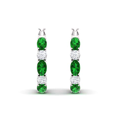 Diamondere Natural And Certified Emerald And Diamond Huggies Earrings In 14K White Gold | 1.66 Carat Earrings For Women #TOP1
