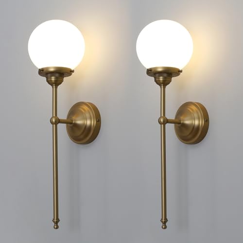 Image of Yosoan Indoor Milk Glass Wall Sconce Set of 2, Brass Modern Vintage Industrial Fixture Lights Hardwired with Round Glass Shade Lamp for Bathroom Mirror Living Room Bedside Bedroom Hallway(Antique)