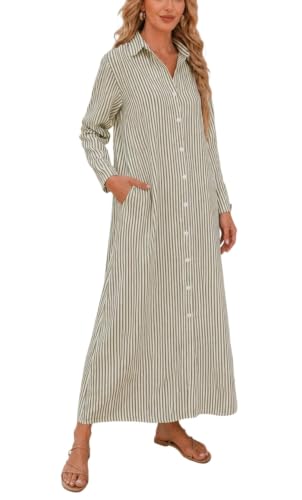 Image of Ladyful Women's Cotton Linen Maxi Dress Summer Long Sleeve Shirt Dress