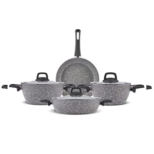 Karaca Gris Bio Granit 7-teiliges, Topfset/Pfannensets, Antihaftbeschichtung, Induktion, Topf Pfannenset mit Glasdeckeln, Kochgeschirr Set, Kochtopfsets, 3 Topf mit Glasdeckel + 1 Pfannen