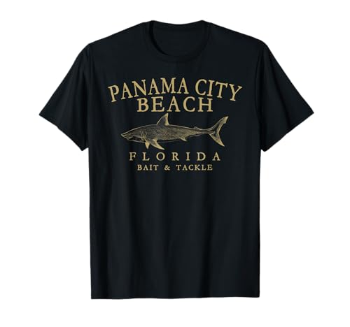 Panama City Beach Florida Shark Retro Arched Tan Letters T-Shirt