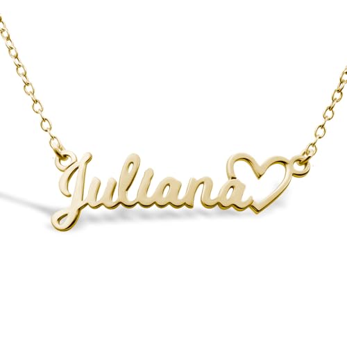 PicturesOnGold.com 14K Yellow Gold Plated Personalized Script Name Necklace with Open Heart Custom Name Necklace Jewelry Gifts for Men & Women with Any Name or Word - Chain Included