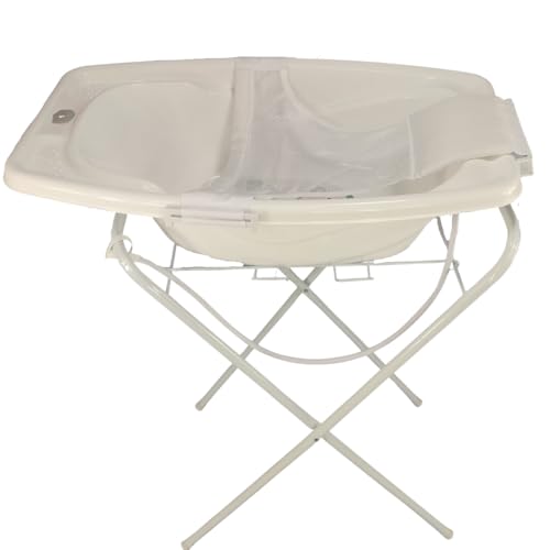 BANHEIRA PARA BEBÊ 25 LITROS COM VÁLVULA SUPORTE E REDE ROSA AZUL BRANCA (Branco + Suporte Branco)