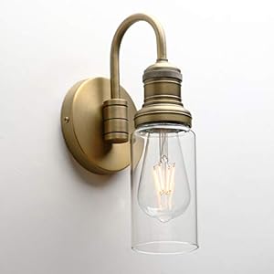 PERMO Industrial Vintage Gooseneck Wall Mount Single Sconce with 3.1" Cylindrical Clear Glass Shade Wall Sconce Light Lamp Fixture (Antique) PERMO Industrial Vintage Gooseneck Wall Mount Single Sconce with 31 Cylindrical Clear Glass Shade Wall Sconce Light Lamp Fixture Antique
