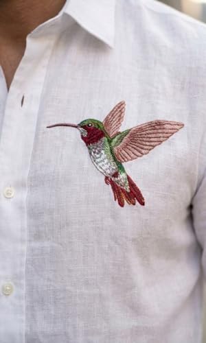 Image of MR. FASHION Men's Premium White Linen Shirt with Embroidered Bird Design | Full Sleeve Lightweight Stylish Shirt for Men.