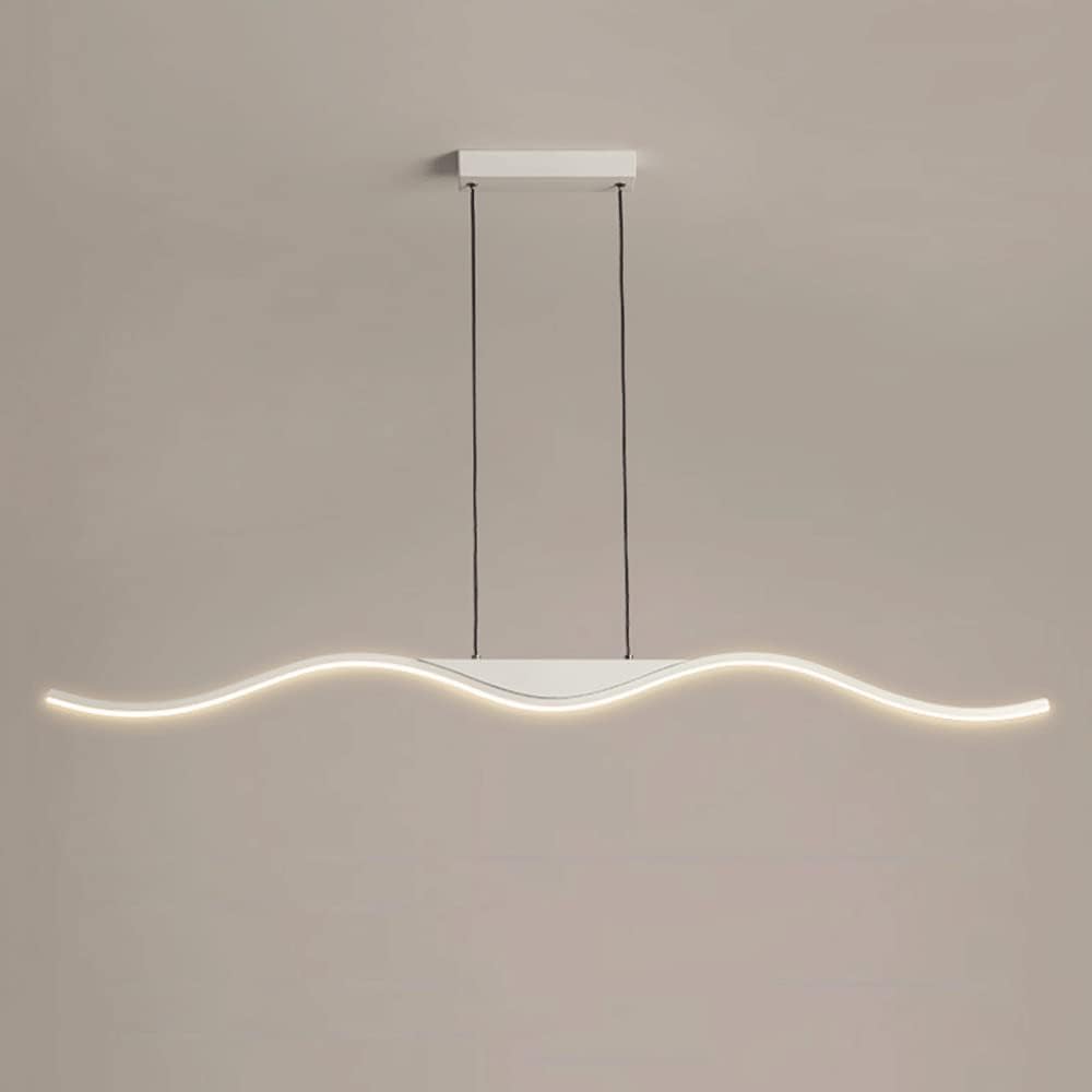 Creative Linear Wave Pendant Light Fixture, Metal Strip Chandelier with White Finish, Modern LED Kitchen Island Long Suspension Lamps, 3 Color Mode Dining Room Hanging Lights