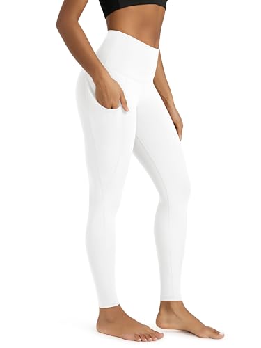 ODODOS Women's High Waisted Full Length Yoga Leggings with Pockets, 28' Inseam Tummy Control Non See Through Workout Athletic Running Yoga Pants, White, X-Large