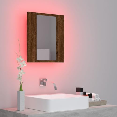 vidaXL Armario de Baño con Espejo LED, Mueble con Almacenaje, Armario de Pared para Maquillaje, Mueble para Lavabo de Aseo, Madera Marrón Roble - imagen 4