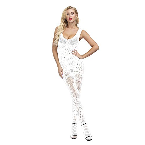SAMCBANDU Women Sexy Lingerie Fishnet Bodystocking Bodysuit Babydoll Mesh Lingerie Stretch Chemise Tight Nightwear (Style # 05-White, One Size)