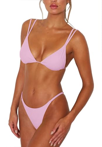 Image of Women's Sexy Thong Bottom Two Piece Bikini Double Shoulder Straps Cute Swimsuit Triangle Bathing Suit