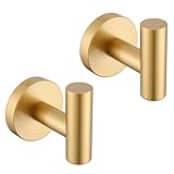 Hoooh Bath Towel Hook - Bathroom Lavatory Wall Mount Single Coat and Robe Hook SUS304 Stainless Steel 2 Pack, Brushed Gold, B100-BG-P2