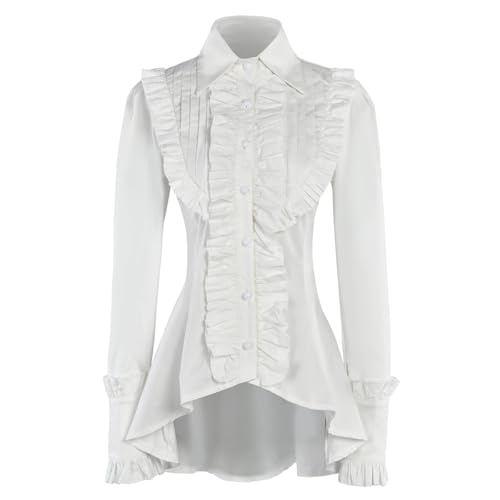HistoryWomen Victorian Gothic Steampunk Blouse, Cotton Ruffle Button Down Shirt with Lace-Up Back, White, Black (US, Alpha, X-Small, Regular, Regular, White)