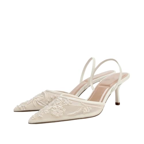 keleimusi Women's Mesh Floral Embroidered Slingback Heels with Pearl Studded Pointed Toe Lace Heeled Sandals Backless Slip On Kitten Heel Pumps Wedding Party Shoes
