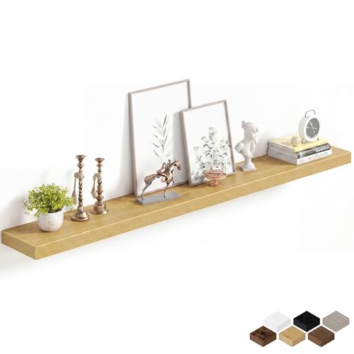 Image of Fun Memories 60Inch Long Floating Shelves, 8 Inch Deep Shelves for Bedroom|Living Room, Wall Mounted Wood Hanging Shelf with Invisible Brackets for Fireplace Mantel Home Storage Decor, Oak - 1 Pack