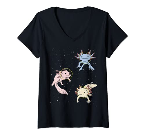 Mujer Astronaut Axolotl Fish Flying Space White-Axolotl Lizard Camiseta Cuello V