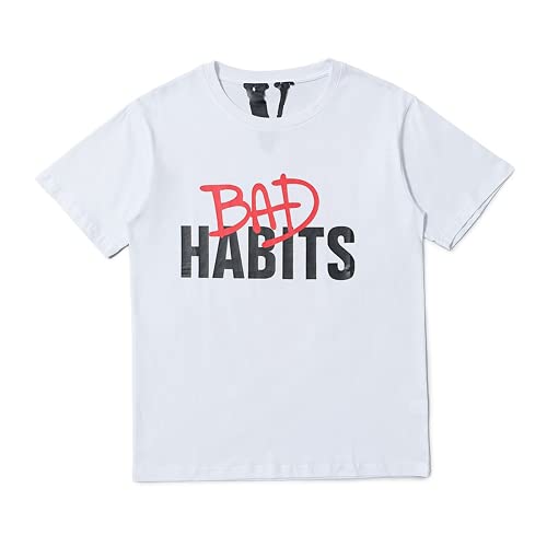 Big V & Bad Habits Shirt Letter Printing Shirts Couples Cotton Loose Short Sleeve Tees for Teens Mens Womens White