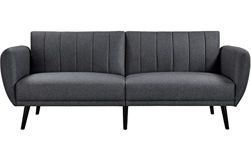 Yaheetech Fabric Convertible Futon Click Clack Sofa Bed Settee Ribbed-Tufted Recliner Couch for Limited Space/Small Apartment Gray