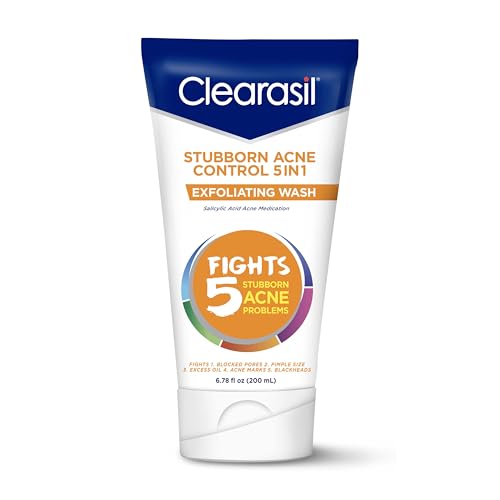 Clearasil Stubborn Acne Control 5in1 Exfoliating Wash Maximum Strenght with 2% Salicylic Acid Acne Treatment Medicine Daily Acne Facial Cleanser 6.78 fl oz
