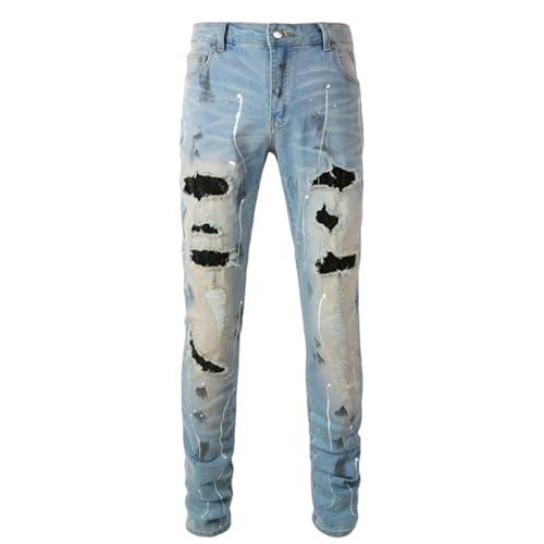 Jeans Pants Trousers Denim Trendy Street Hole Light Blue Grinding Fading Inlaid Zircon Shining Spray Graffiti Slim Fit Casual Small Straight Leg Men(Light Blue,31)