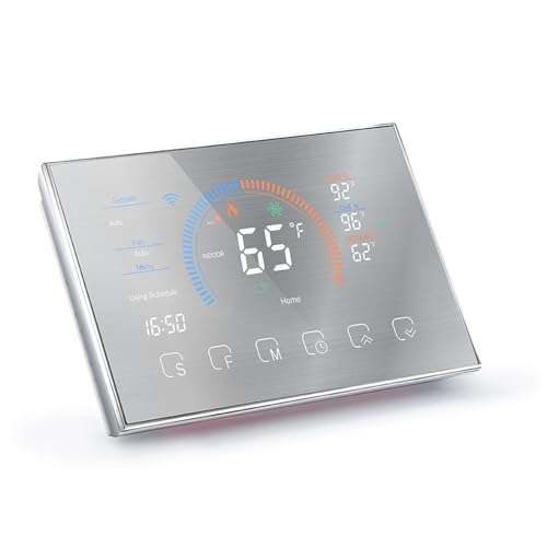 Marhynchus Termostato Inteligente, Control de Bomba de Calor Programable, Pantalla Táctil LCD Activada por Voz con Adaptador de Cable C para Calefacción y Refrigeración del Hogar (Plata cepillada)