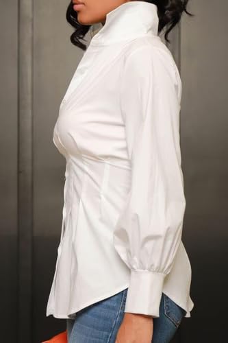 LROSEY Sexy Women’s Button Down Tunic Shirts Plus Size Long Puff Sleeve Peplum Tops Collared Blouses4