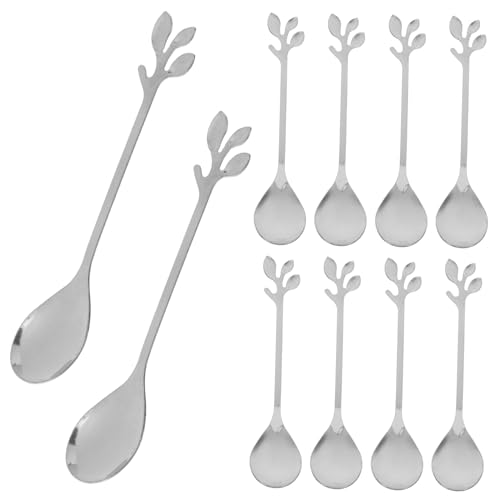 Homoyoyo 20Pcs Stainless Steel Long Handle Spoon Leaf Shaped Stirring Spoons for Coffee Desserts and Ice Household Utensils for Home and Restaurant Use