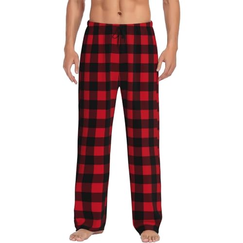 Mens Pajama Pants Bottoms With Pockets- Red Black Twill Stripe Plaid Soft Mens Pj Pants, Comfy Men Lounge Pants4