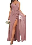 KURFACE Dusty Rose Bridesmaid Dress with Slit Spaghetti Strap Chiffon Wedding Guest Dresses for Women Formal Gown UK12