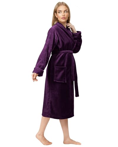 NY Threads Morgenmantel Damen Fleece Plüsch Weich Bademantel Nachtwäsche Hausmantel (X-Groß, Pflaume)