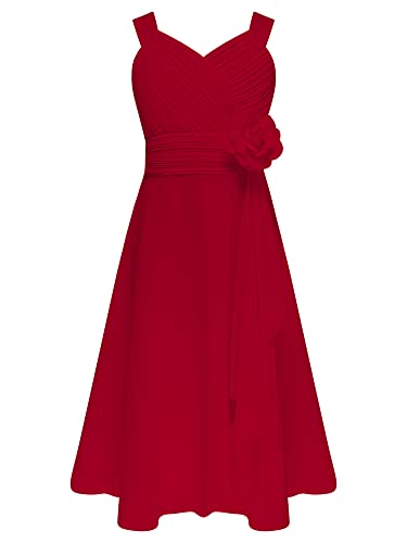 renvena Kids Flower Girls Asymmetric Bridesmaid Dress V-Neck Sleeveless Ruched Chiffon Wedding Prom Gown
