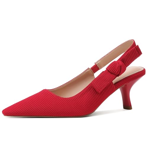 Erocalli Red Slingback Heels Closed Toe Low Kitten Heels Pumps with Bow Pointed Toe Dress Shoes Formal Work Casual Wedding Party