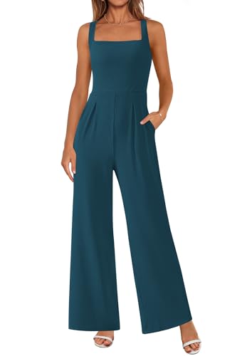 PRETTYGARDEN Summer Sleeveless Jumpsuits for Women Dressy Square Neck Wide Leg Pants Knit One Piece Rompers Fashion Clothing (Dark Blue,Medium)