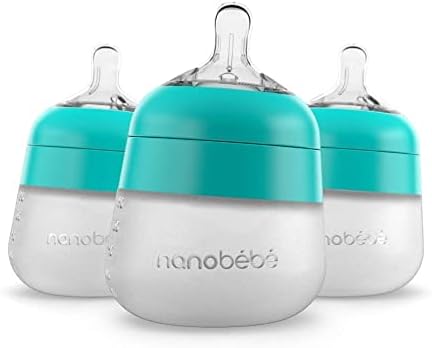Nanobebe Flexy Silicone Baby Bottle, Anti-Colic, Natural Feel, Non-Collapsing Nipple, Non-Tip Stable Base, Easy to Clean 3-Pack, Teal, 5 oz