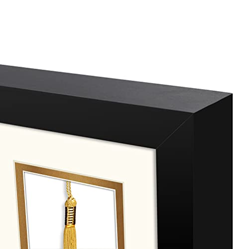 Golden State Art, 11X22 For 8.5X11 Diploma/Certificate - 4X6 Photo - Black Diploma Tassel Shadow Box - Double Mat (Ivory Over Gold) - Tassel Holder - Sawtooth Hangers, Swivel Tabs, Real Glass #TOP2