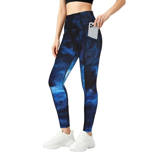 Leggings galaxia azul con control de abdomen mallas deportivas con bolsillos elásticos