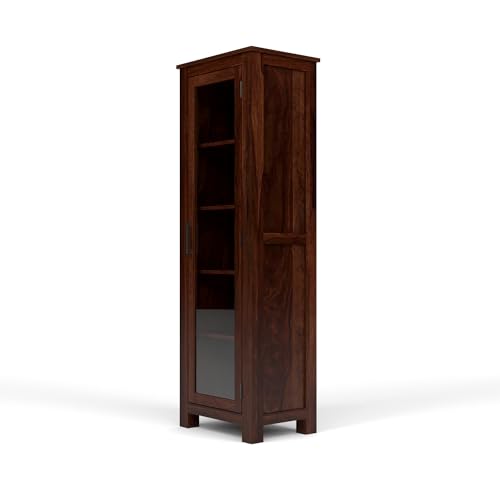 Image of Solid Sheesham Wood Bookshelf with Acrylic Glass Door | Rosewood Kitchen Cabinet with Storage Shelves for Dining Room & Office (A-Walnut Finish)