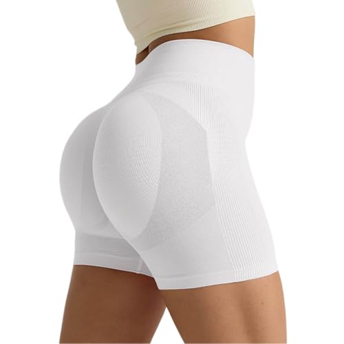 Generisch Pantalones cortos de yoga de cintura alta para mujer, para entrenamiento, correr, gimnasio, deportes, elásticos, transpirables, cómodos, ropa deportiva, Blanco, XL