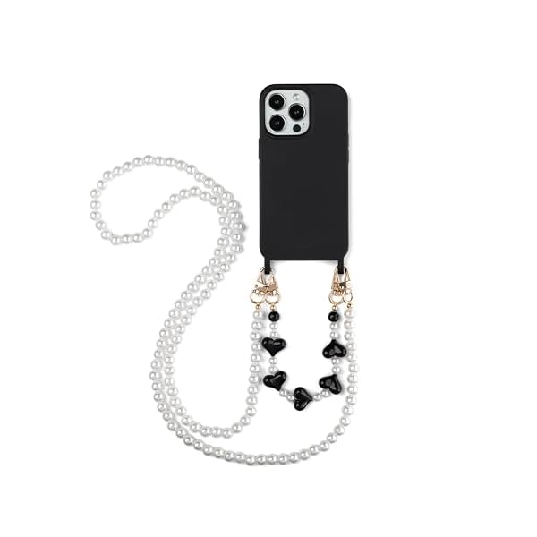 2-in-1 Paris Phone-Chain Set, Shock-Proof Cellphone Case for iPhone 13 Pro with Detachable Crossbody Pearl Chain, Black Hearts Phone Wrist Strap
