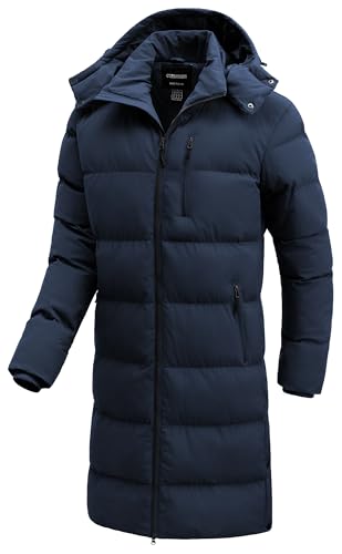 CTFASHION Bubble Coat Men Long Puffer Jacket Waterproof Snow Quilted Winter Jackets Thicken Padded Parka with Hood Warm Navy Blue L