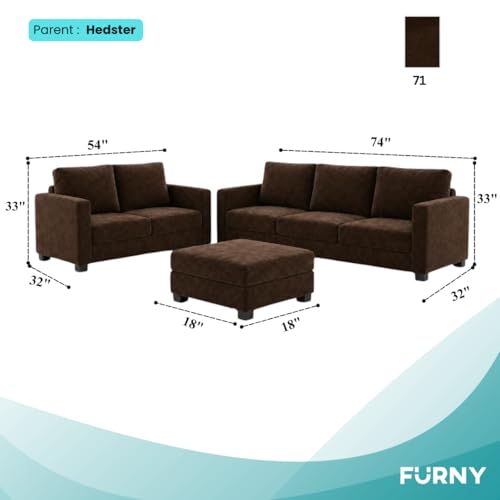 Image of FURNY Haster 3 Seater + 2 Seater Fabric Sofa Set with 1 Ottoman (Dark Brown) with Velvet Finish | Durable Comfort | Ideal for Living Room