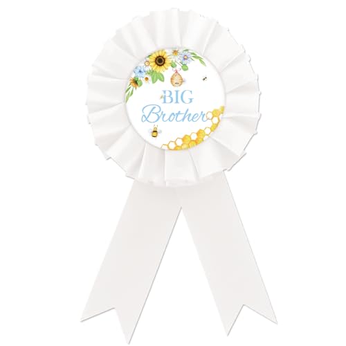Image of Bee Big Brother Tinplate Badge Pin, Brother To Bee Button Pin, White Rosette Award Ribbon Pin for Gender Reveal /What Will It Bee Party, Gifts for Bee Themed Baby Shower Party Celebration