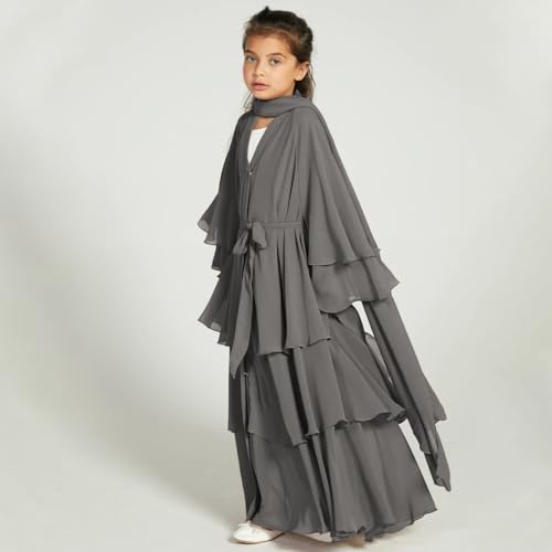 Kids Abayas Dress for Girls Muslim Dress with Hijab Chiffon Layered Islam Kaftan Robe Open Front Cardigan Prayer Dress2