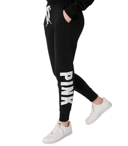 Victoria's Secret Women's Pink Logo Fleece Jogger Sweatpants, Pure Black Sans, M