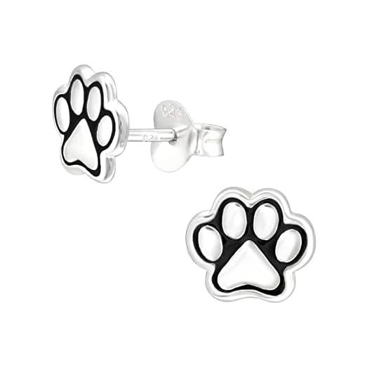 Laimons Pendientes para niña con diseño de huella de perro, 9 mm, color negro, de plata de ley 925, Plata de ley